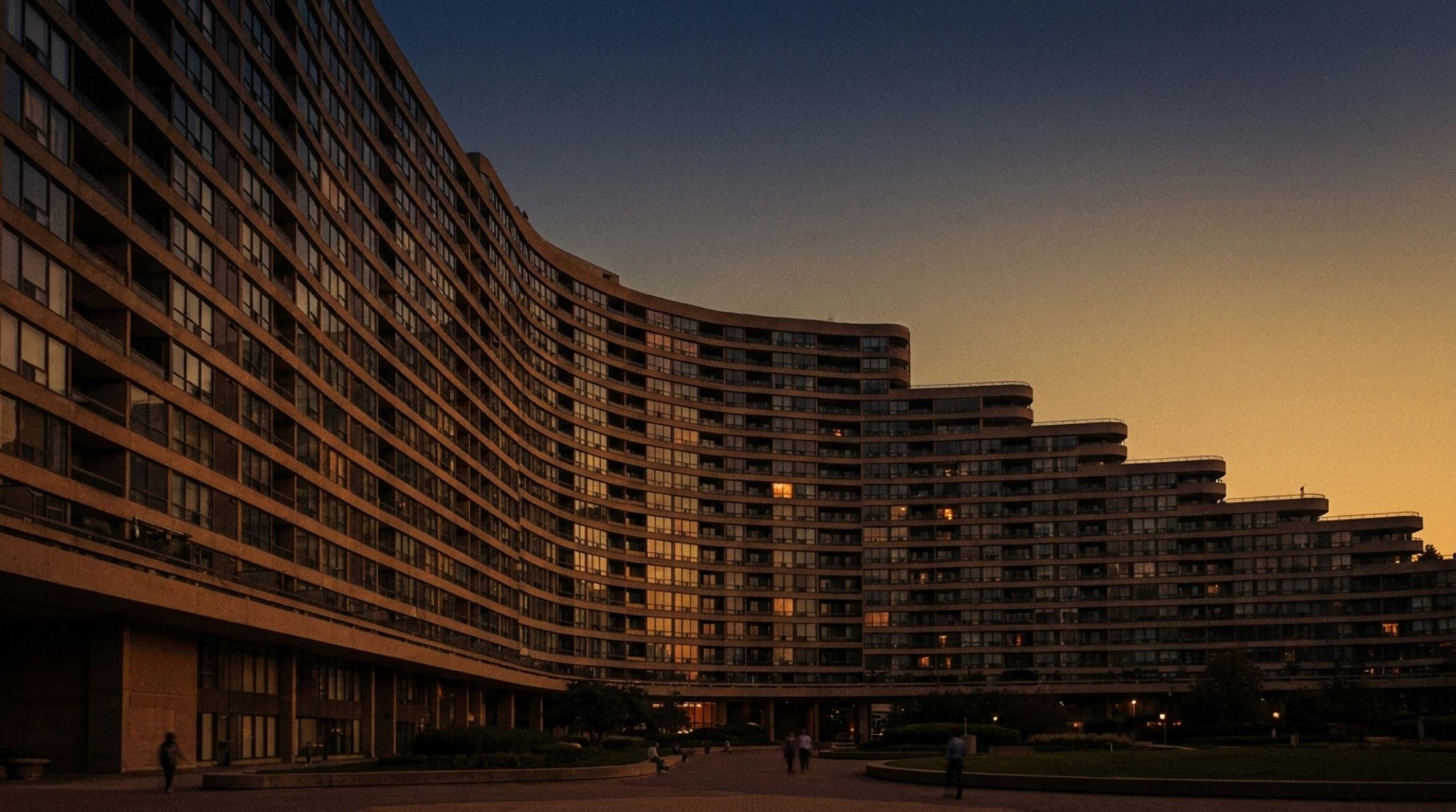 Immeuble résidentiel courbe au crépuscule, façade en lumière chaude
